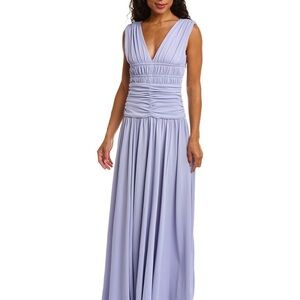 Lilac purple dress with a V-neckline and ruched body, featuring a drop waist.